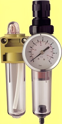 Regulador de presión con filtro para descarga condensación, lubricador y manómetro. 
