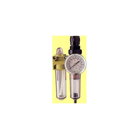 Pressure regulator with condensation discharge filter, complete with lubricator and pressure gauge. 