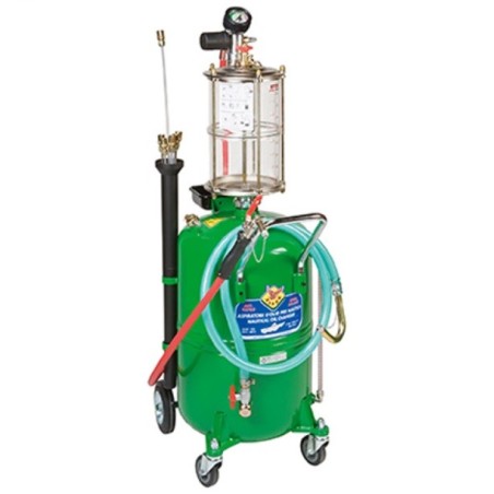 Waste oil drainer with transparent chamber, 65-litre wheel-mounted tank 