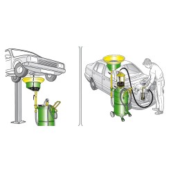 Waste oil drainers with side bowl and 90-litre wheel- mounted tank. 
