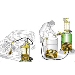 Air-operated oil drainer with transparent chamber, wheel-mounted 90-litre tank 