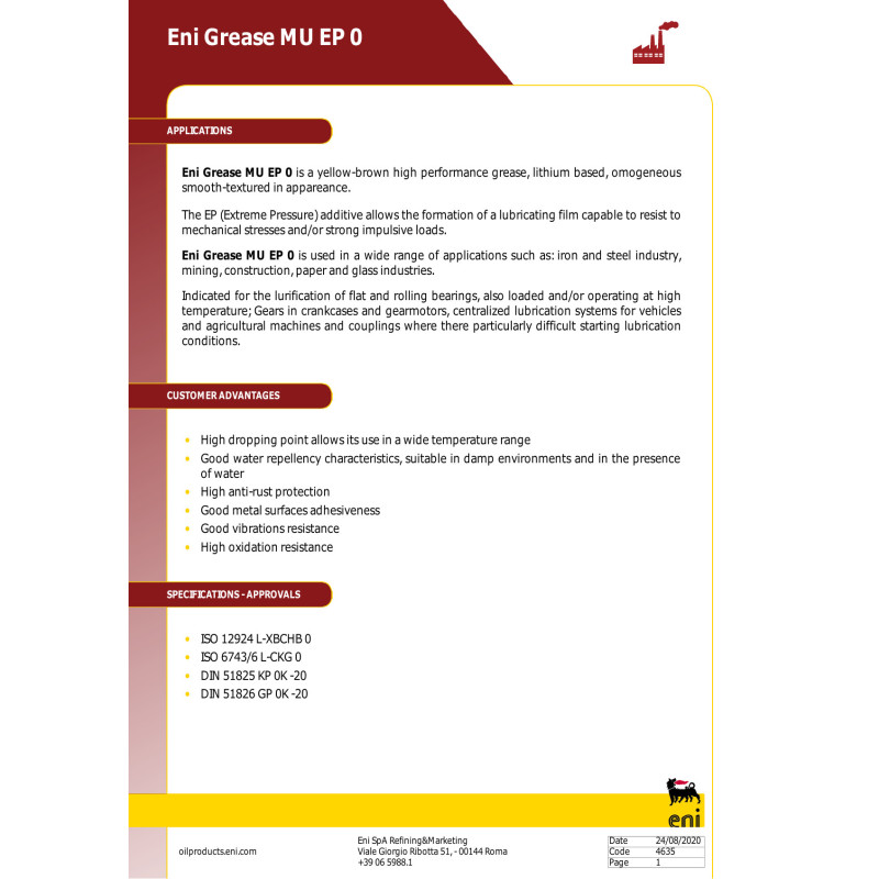 Eni Grease MU EP 0, 18 kg